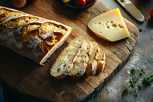 Sliced rustic bread with melted cheese, a Food & Drink Photo by Photostock