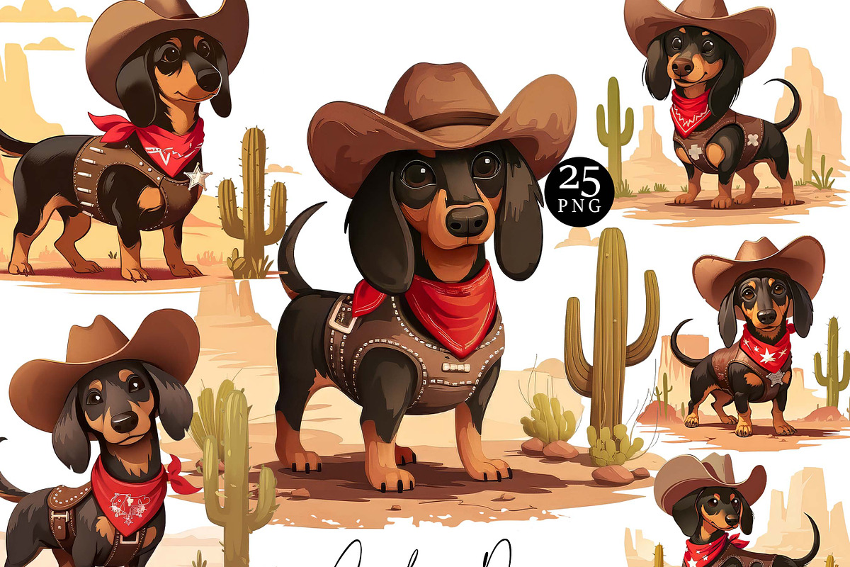 Vintage Cowboy Dog Clipart Bundle, an Animal Illustration by Design Scotch (Photo 1 of 8)