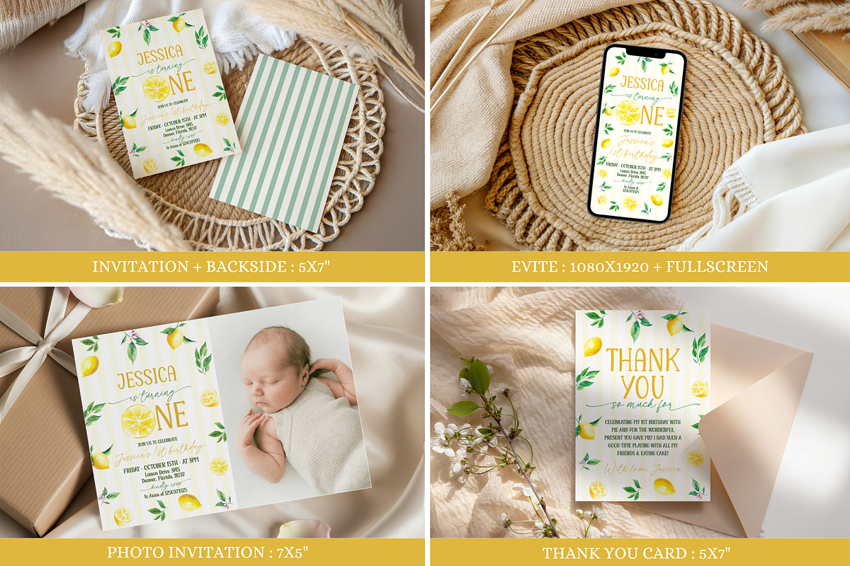 Sweet One Lemon Birthday Bundle, a Stationery Template by Digital_Mind (Photo 2 of 8)