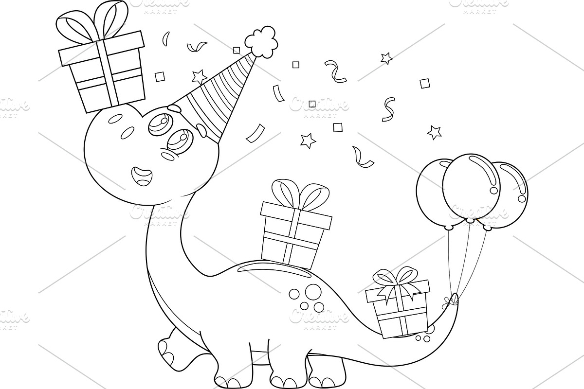 Outlined Cute Birthday Dinosaur, an Illustration by HitToon