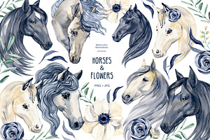 Watercolor horses and flowers