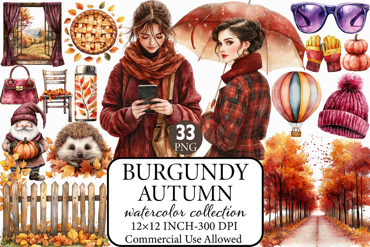 Watercolor Burgundy Autumn Clipart, an Illustration by Libby Wishes (Photo 1 of 9)