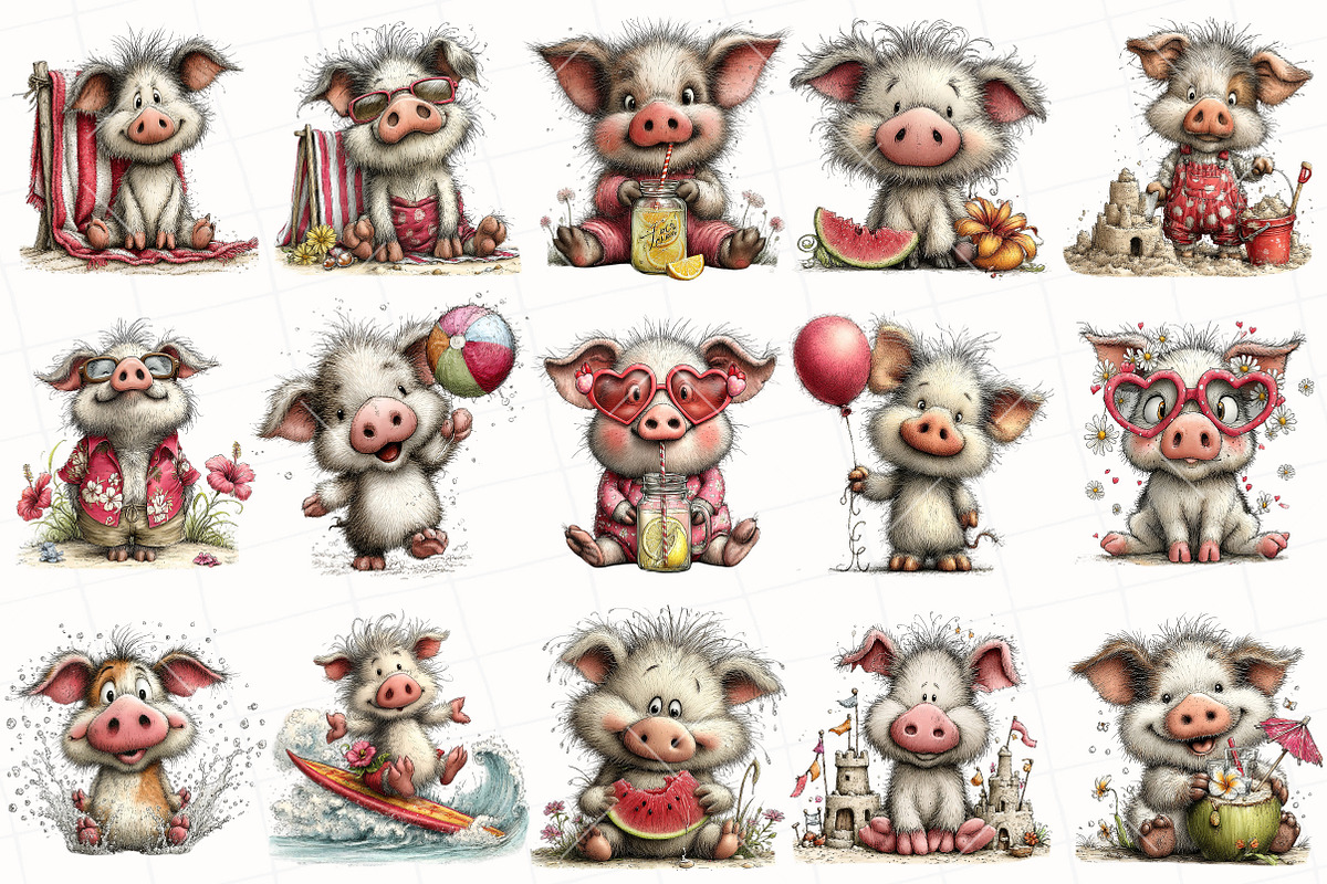 Whimsical Summer Pig Clipart, an Illustration by OK Design (Photo 3 of 6)