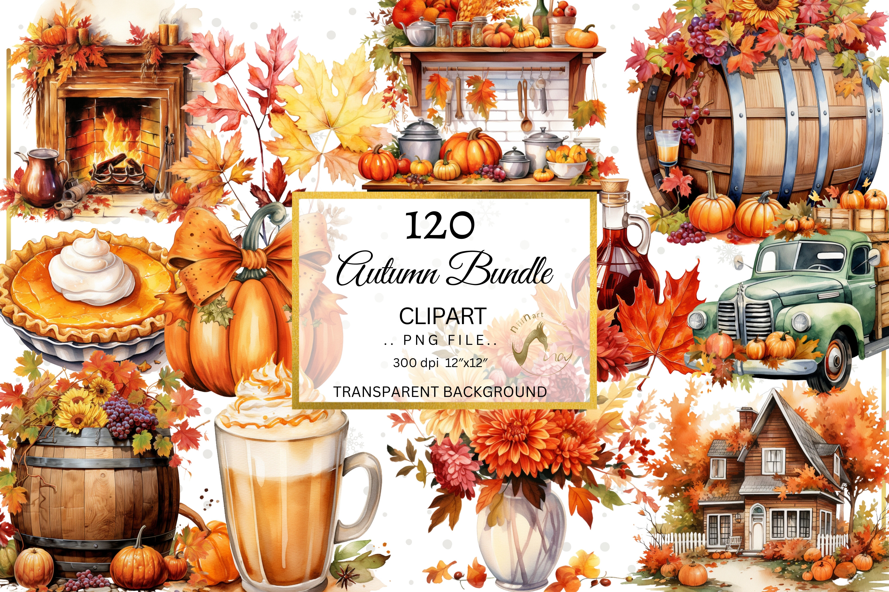 Autumn Clipart Bundle Watercolor PNG, an Illustration by NiiiNArt