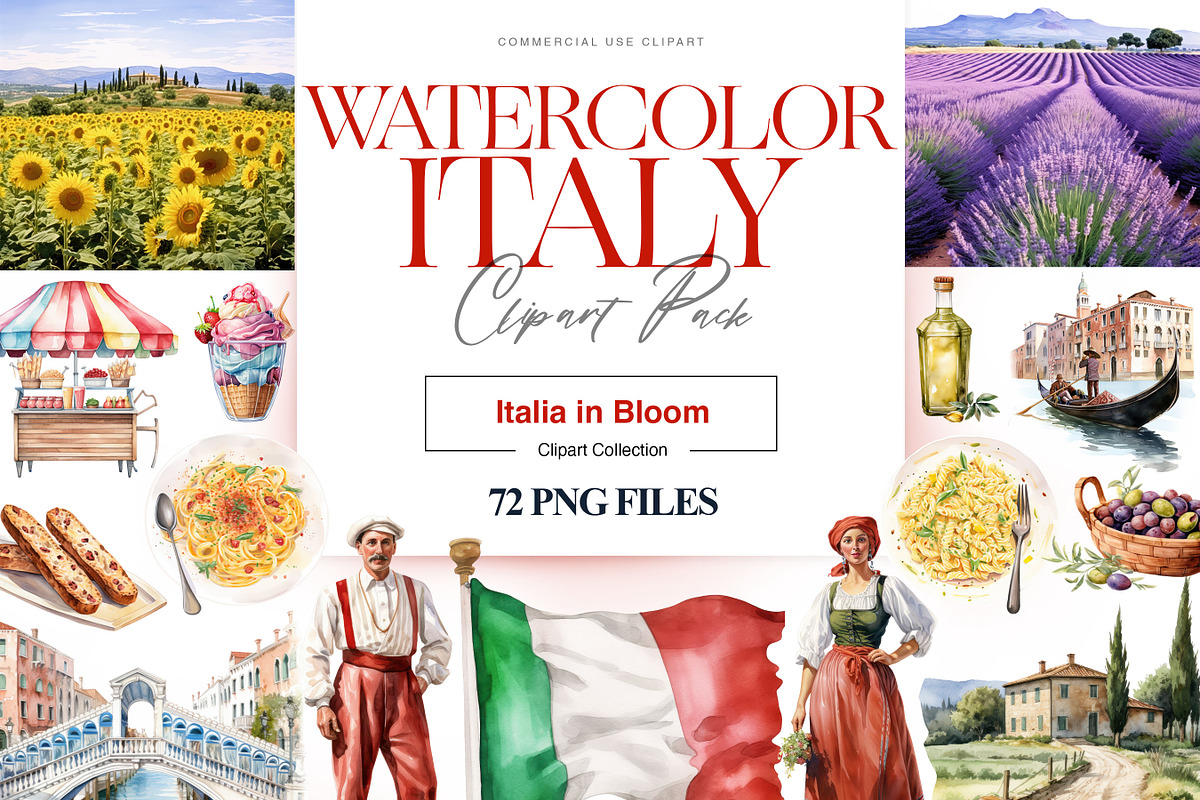 Watercolor Italy Clipart, Food Pizza, an Illustration by BrushstrokeArtGB (Photo 1 of 9)