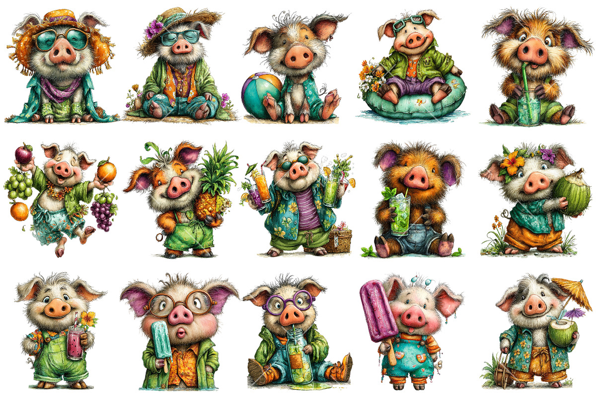Whimsical Summer Pig Clipart, an Illustration by OK Design (Photo 3 of 6)