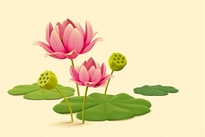 3d Natural Lotus Flowers And Leaves