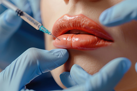 Closeup of young woman getting hyaluronic acid injection in lips, a Health & Medical Photo by AlyaAnd