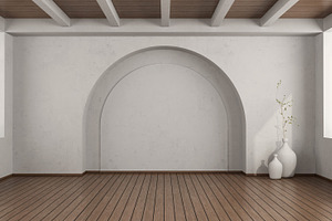 Empty white room with arch wall