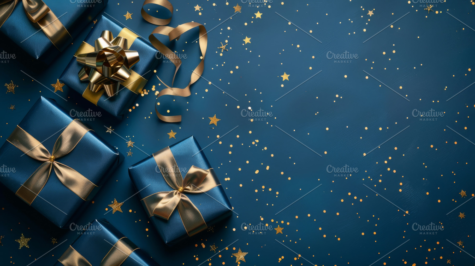 Blue Christmas presents with golden ribbons, an Abstract Photo by Natalia Klenova's Shop
