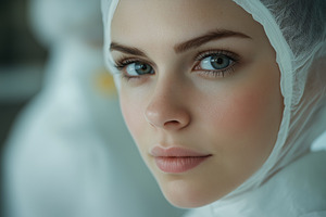 A close-up portrait of a woman esthetic technologist with striking blue eyes, w, a Person Photo by Textures & Backgrounds
