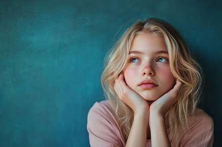 Thoughtful Young Girl Posing Against Colorful Background