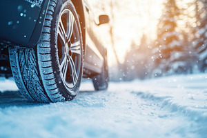 Car wheel with winter tire on snowy road, a Transportation Photo by AlyaAnd