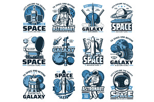 Space Planet, Astronaut Rocket Icons