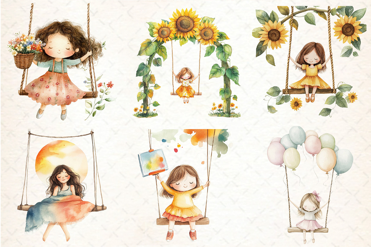 Watercolor Cute Girl on a Swing PNG, an Illustration by DreamCafeArt (Photo 2 of 8)