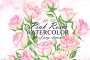 Watercolor pink roses and leaves, an Illustration by OlDm_Shop (Thumbnail 1 of 10)