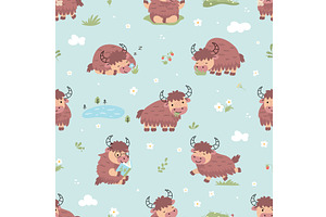 Yak seamless pattern. Funny cartoon, an Animal Illustration by Valerie Bodnar