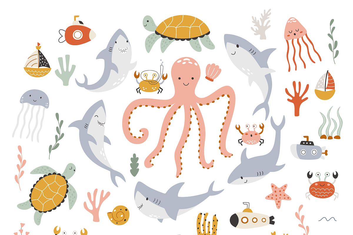 Marine World – cute sea animals, an Animal Illustration by ValeriiaFeeva (Photo 7 of 12)