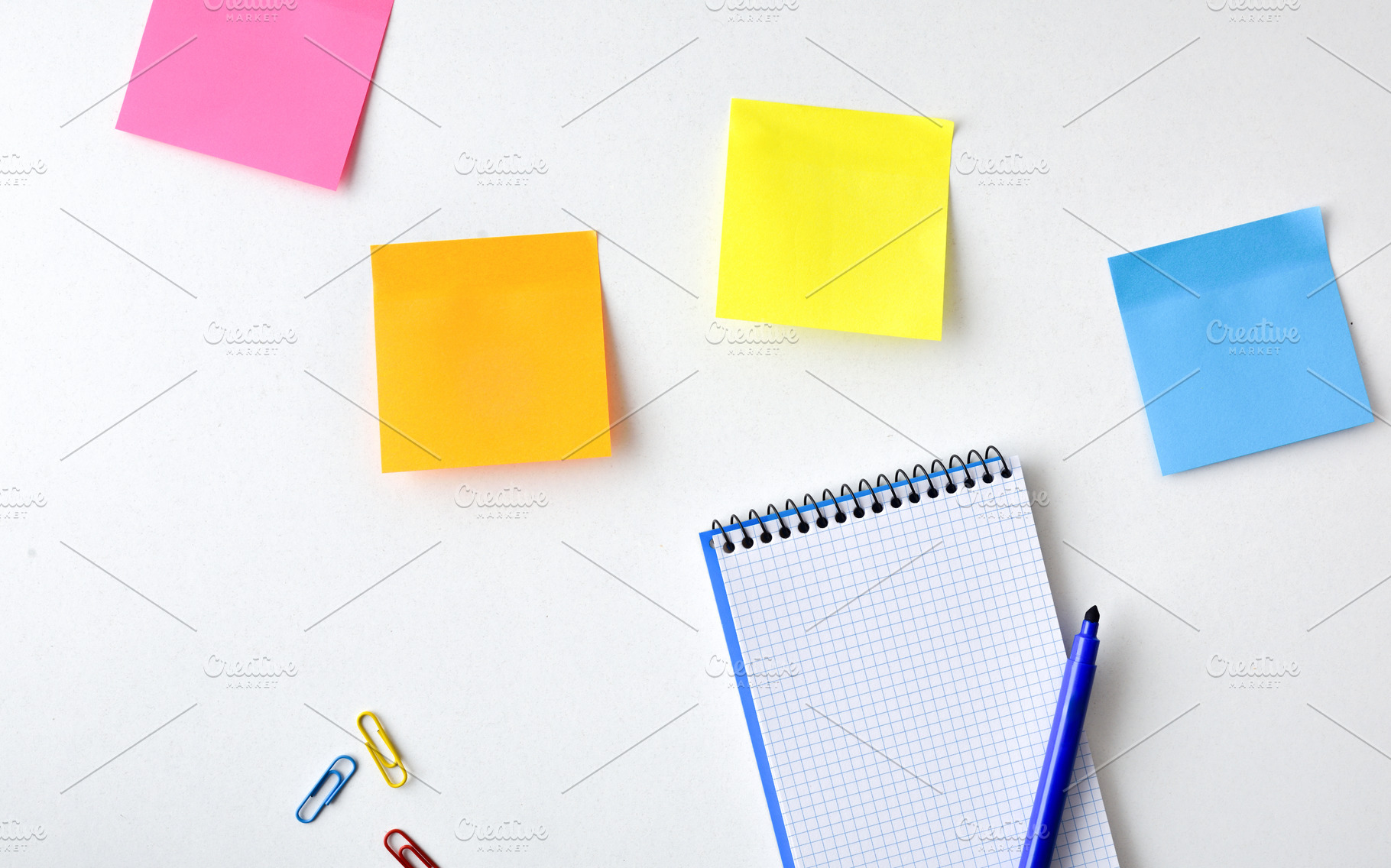 Colorful Sticky Notes and Notebook Workspace, a Business Photo by Davizro's Market