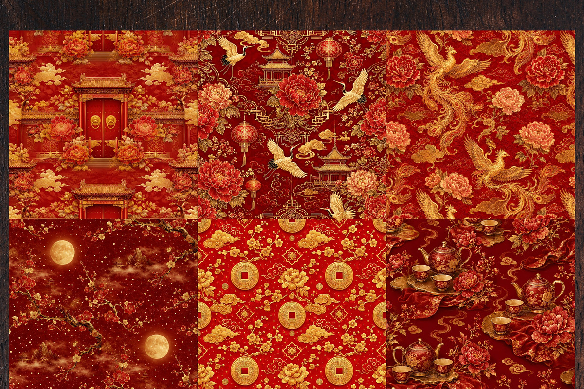 Red Gold Chinoiserie Digital Papers, a Pattern Graphic by LA Design (Photo 2 of 10)
