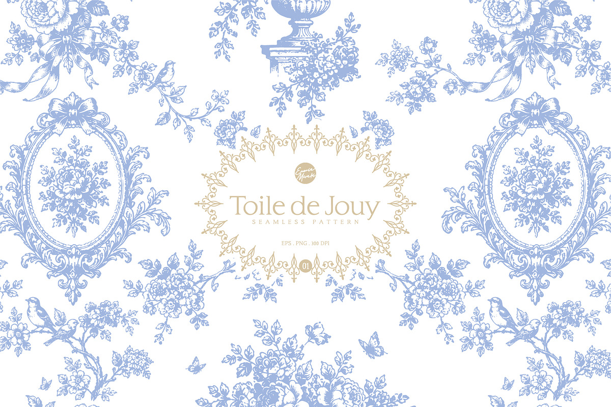 Toile de Jouy 01 Blue Floral Pattern, a Pattern Graphic by Euonia Meraki (Photo 1 of 20)