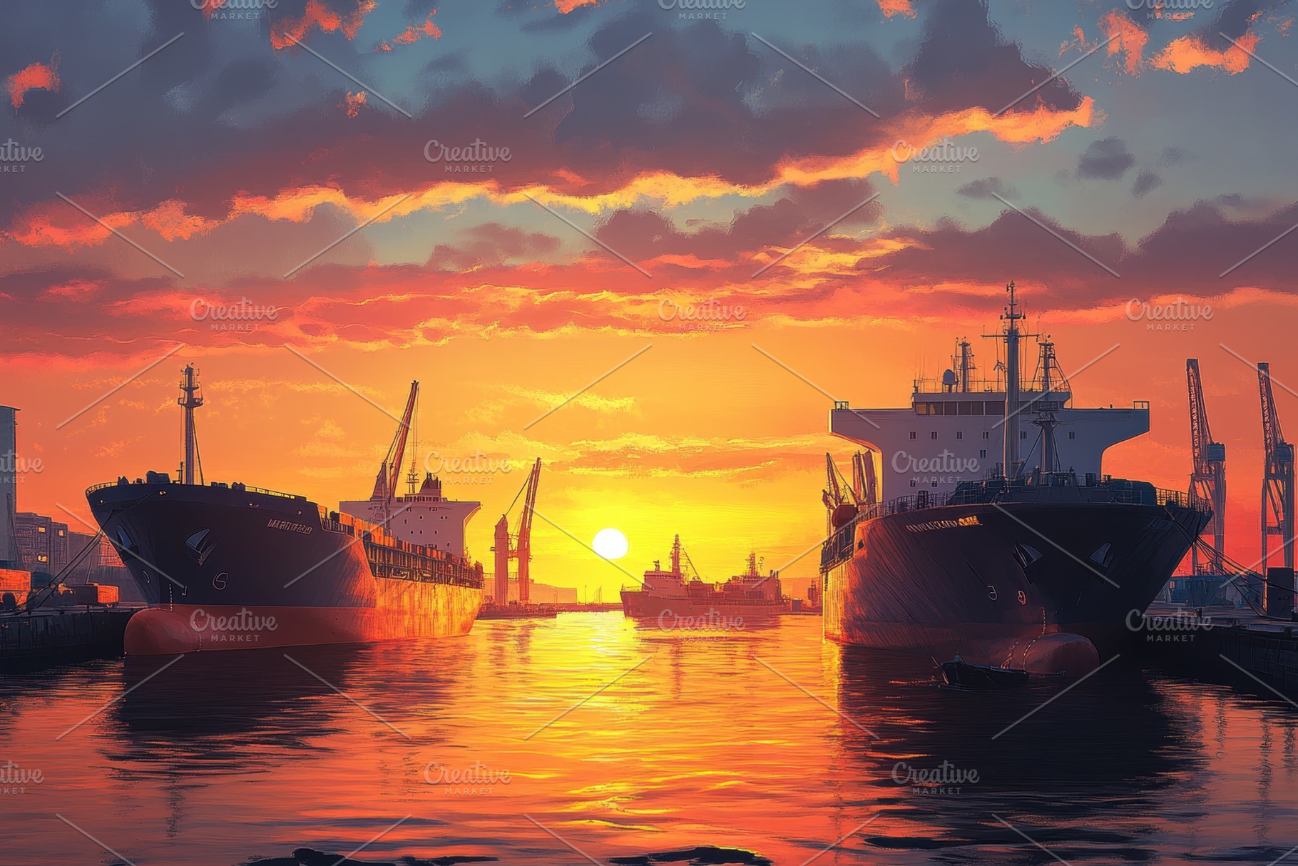 Cargo ships docked at port under, a Photo by Pavel_design