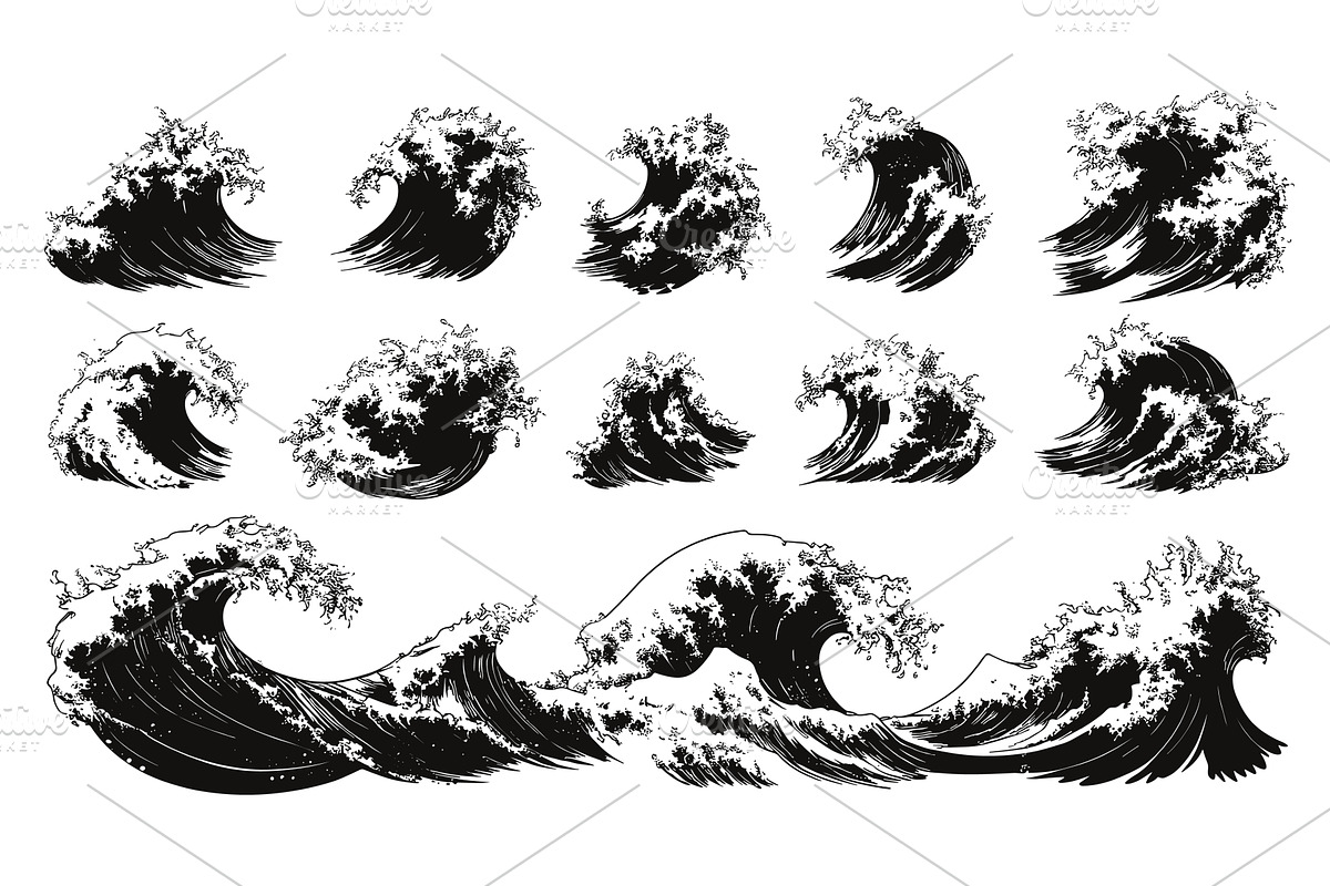 Water Wave Icons Set Black and White, an Illustration by LadadikArt