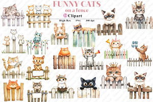 Watercolor Funny Cats on Fence PNG, an Illustration by Watercolor design