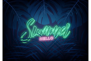 Summer. Modern design layout with neon lettering and tropic jungle leaves. Summer exotic background