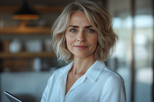 A confident middle-aged woman with blonde hair smiles warmly, holding a tablet,, a Person Photo by ImageMir