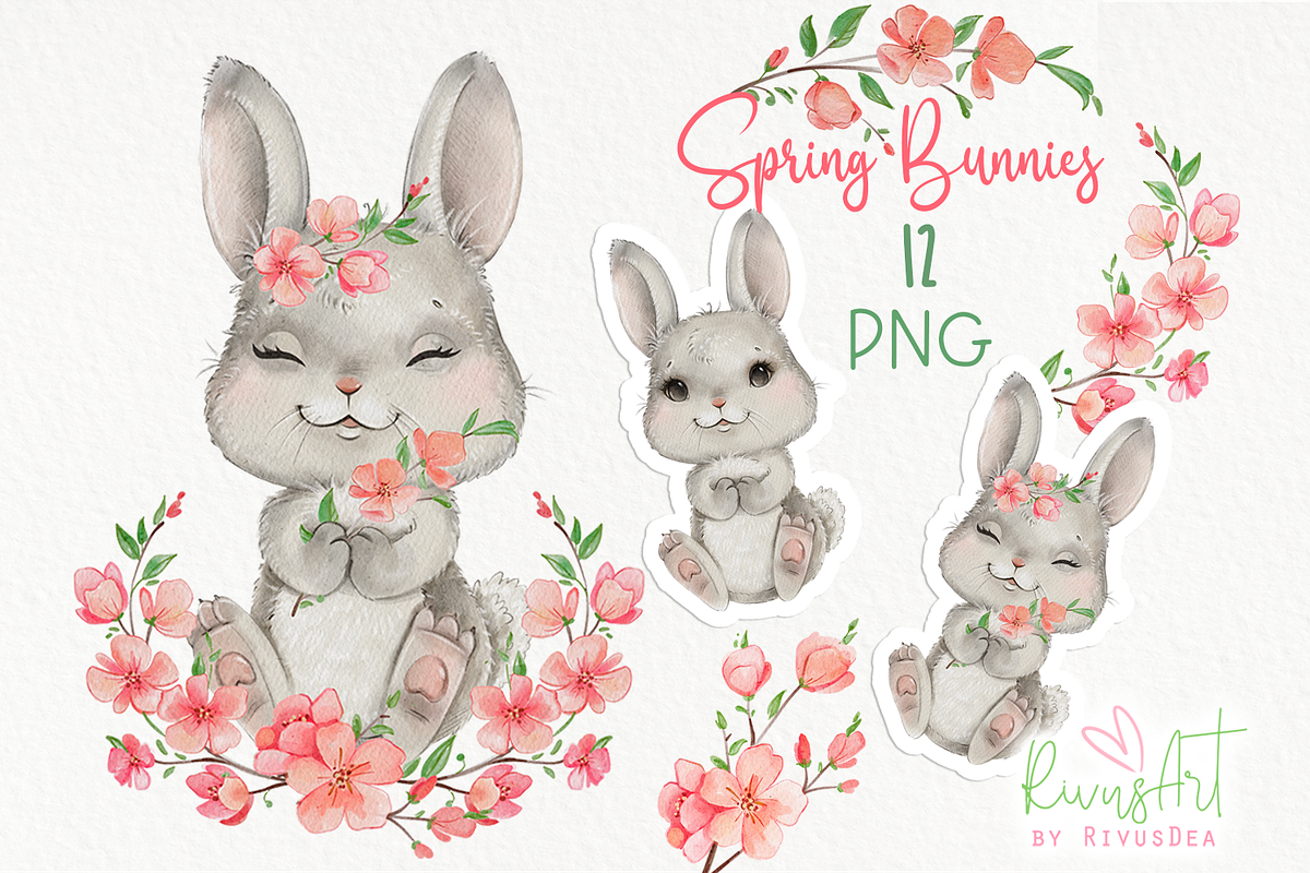 Cute watercolor bunny PNG clipart, an Illustration by RivusArt (Photo 1 of 3)