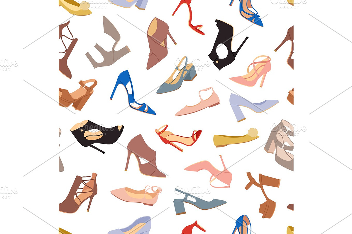 Womens shoes flat fashion footwear design vector seamless patterns background, an Object Illustration by RocketArt