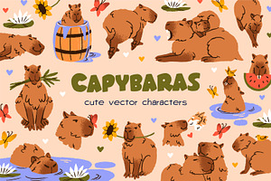 Cute, Funny Capybaras Animals Set