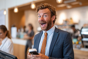 Businessman enjoying his coffee while checking his phone at a modern cafe, a Person Photo by AlyaAnd