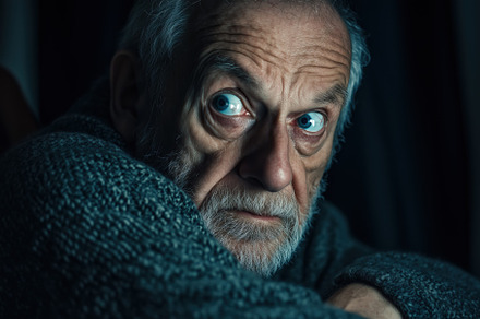 A close-up portrait of an elderly man with striking blue eyes, looking intently, a Person Photo by Textures & Backgrounds