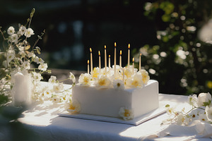 White square cake decorated with flowers and lit birthday candle, a Photo by Studio ANNA