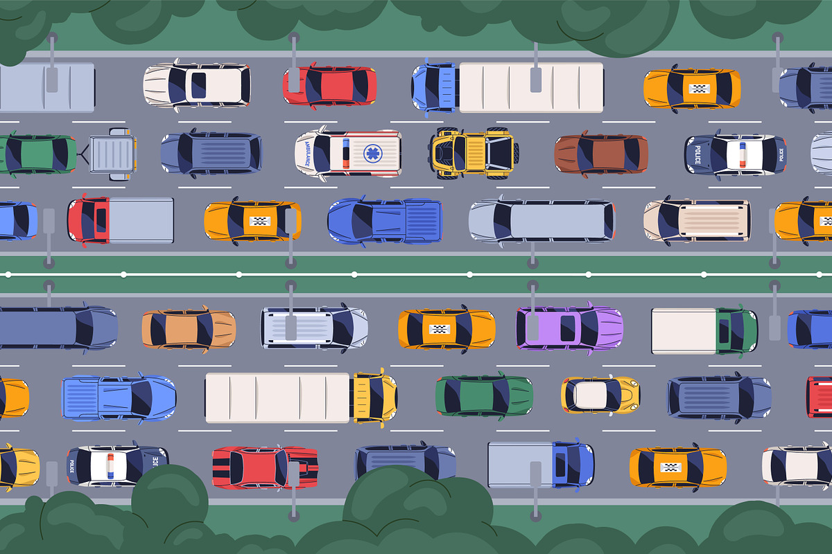 Cars in traffic jam, multi-lane road, a Transportation Illustration by Good Studio