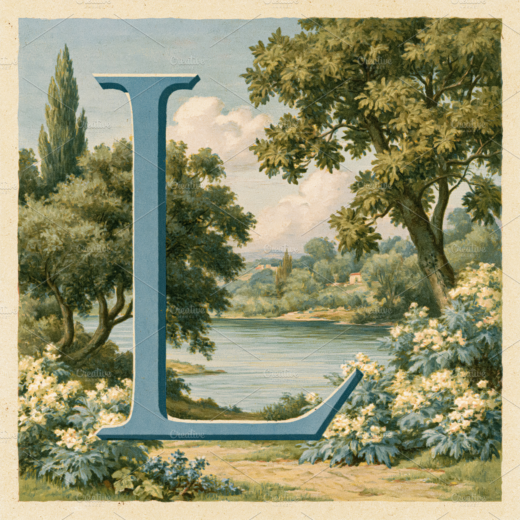 Letter L with classic landscape painting, depicting a river, tre, a Photo by Studio ANNA