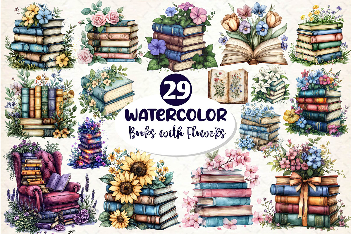 Pretty Books with Flowers Clipart, an Illustration by Dream Creation (Photo 1 of 6)