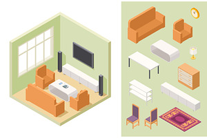 Living Room Isometric. Vector Home