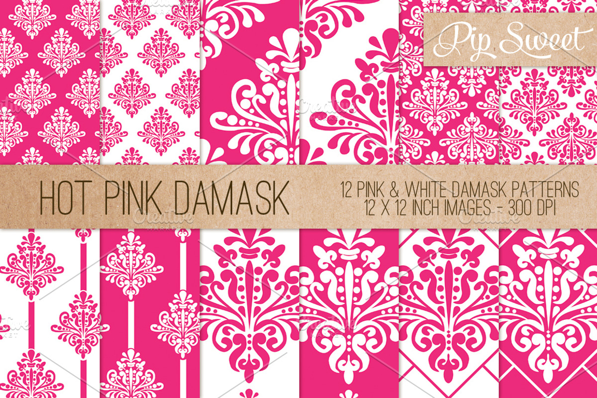 Hot Pink Damask 12 Pattern Set