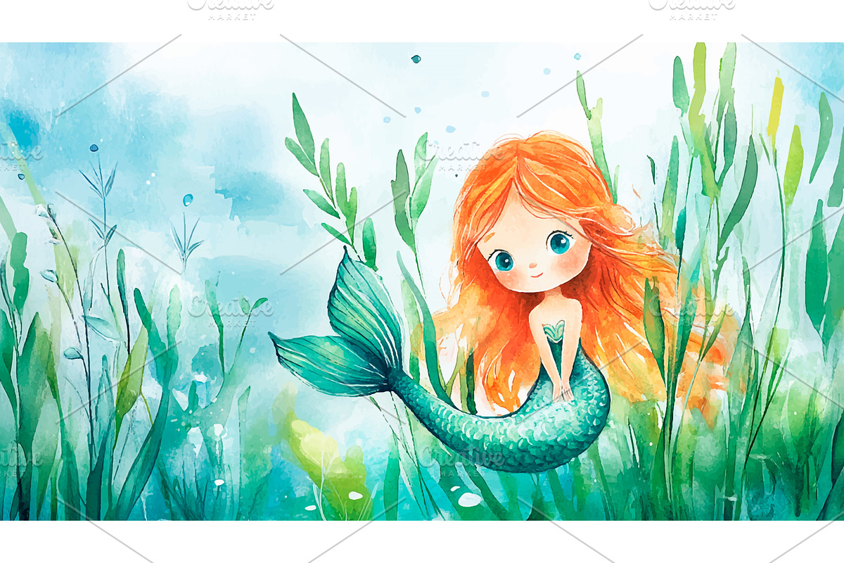 Beautiful Mermaid Hiding In Reeds, an Animal Illustration by LadadikArt
