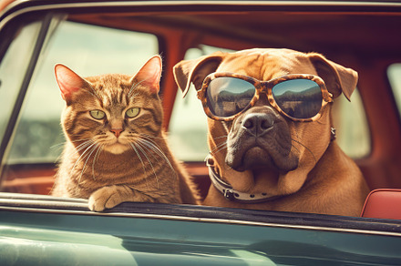 Dog and cat looking out car window. Travel by car. Generative AI, an Animal Photo by AlyaAnd