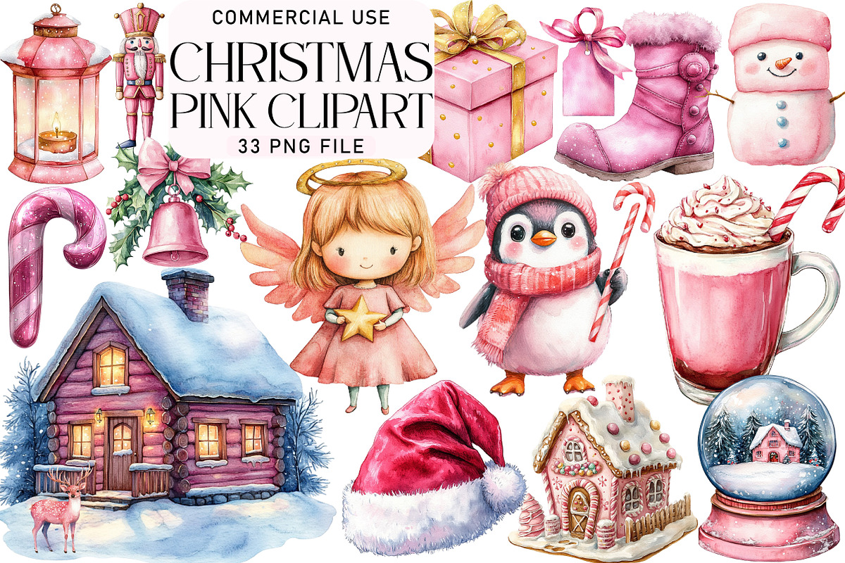 Watercolor Pink Christmas Clipart Bu, an Illustration by Daily.Designs (Photo 1 of 5)