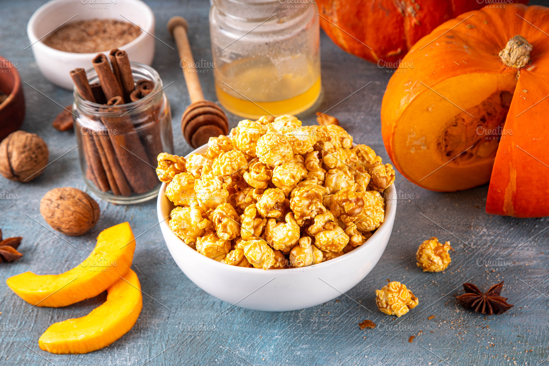 Pumpkin popcorn with caramel and pumpkin spice, a Food & Drink Photo by Rimma