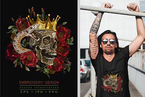 Human Skull, Crown, Snake And Roses