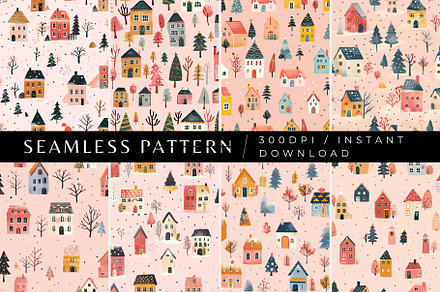 8 Pink Christmas House Patterns, a Pattern Graphic by Inknfolly