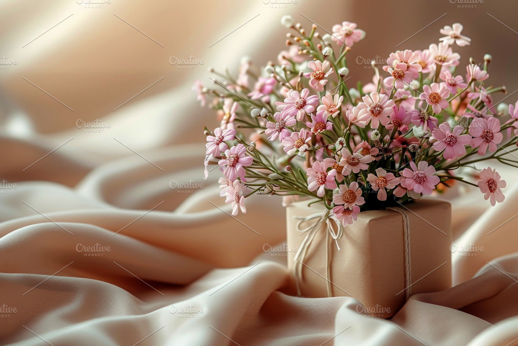 Romantic gift box with pink flowers on soft fabric background, a Holiday Photo by José Manuel Gelpi