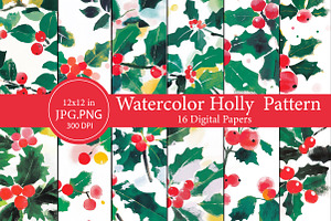 Watercolor Holly Pattern, an Illustration by Designworld