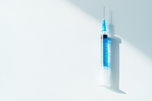 Medical syringe with injection on white background, a Photo by AlyaAnd